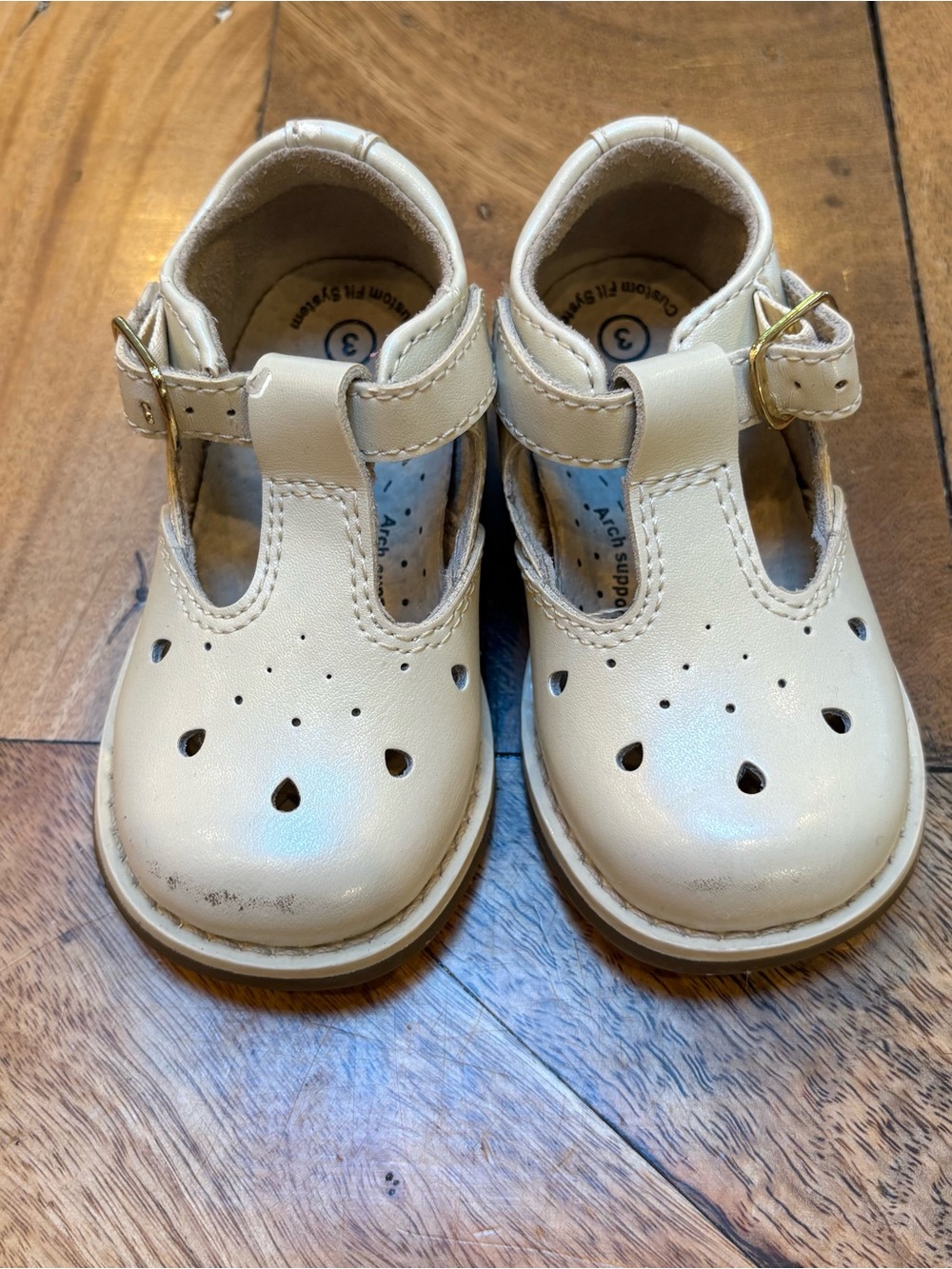 FootMates Cream T‑Bar Baby Walker Shoes with Heart Cutouts